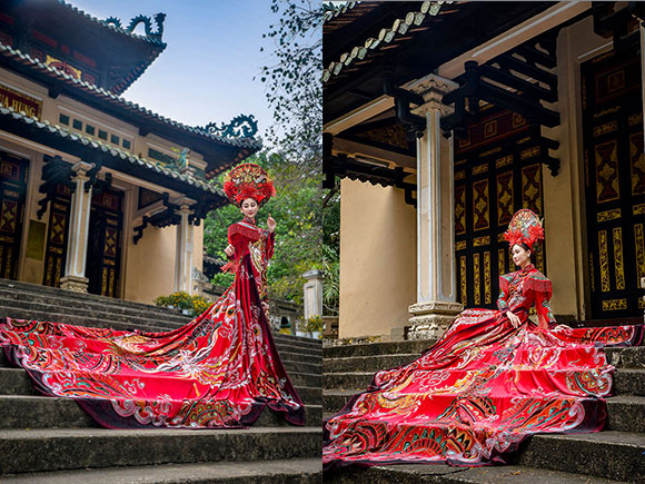 Hoa hậu Đoàn Hồng Trang thả dáng đầy đài cát trong tà áo dài viễn cảnh chùa