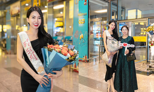 Hoa hậu phụ nữ người Việt thế giới 2022 gửi thông điệp yêu thương khi vừa về đến sân bay Nội Bài
