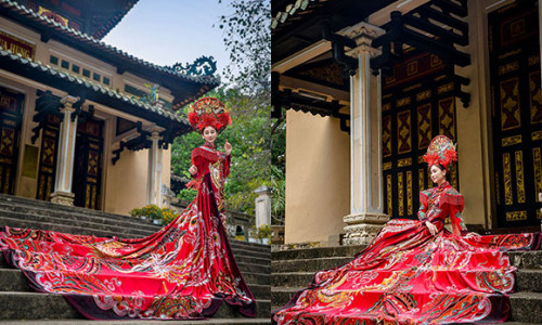 Hoa hậu Đoàn Hồng Trang thả dáng đầy đài cát trong tà áo dài viễn cảnh chùa